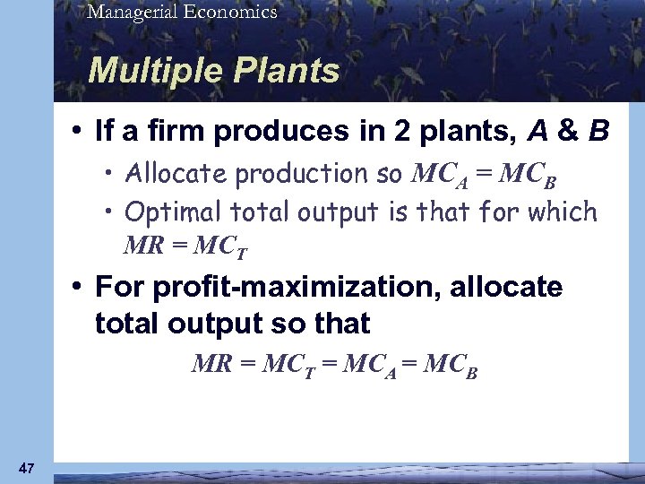 Managerial Economics Multiple Plants • If a firm produces in 2 plants, A &
