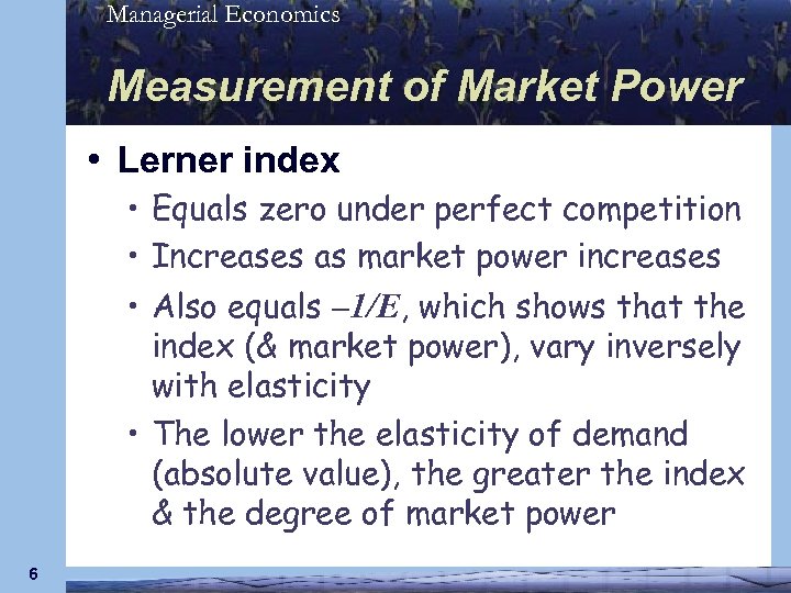 Managerial Economics Measurement of Market Power • Lerner index • Equals zero under perfect