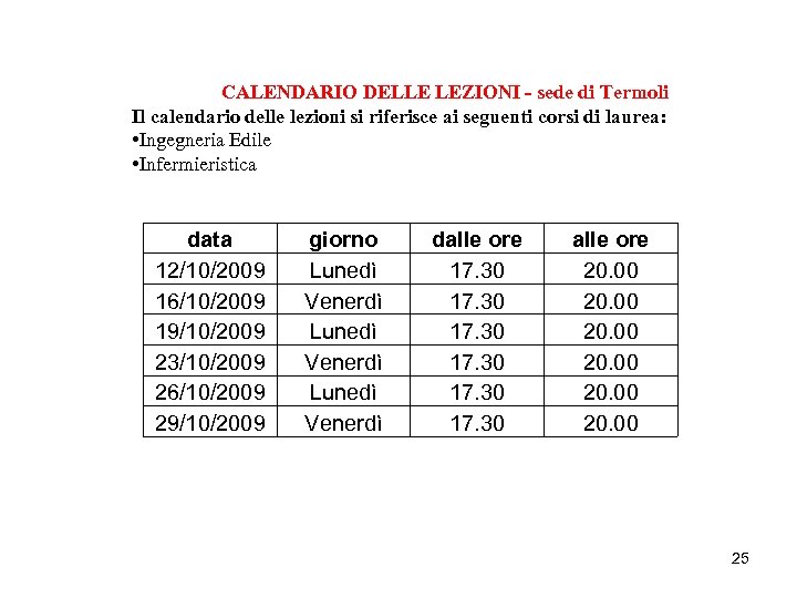 CALENDARIO DELLE LEZIONI - sede di Termoli Il calendario delle lezioni si riferisce ai