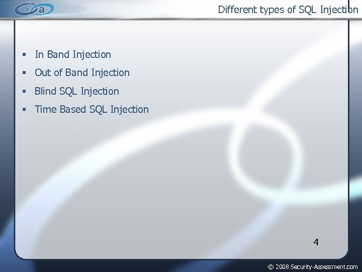 Different types of SQL Injection In Band Injection Out of Band Injection Blind SQL