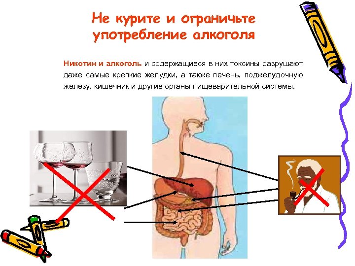 Не курите и ограничьте употребление алкоголя Никотин и алкоголь и содержащиеся в них токсины