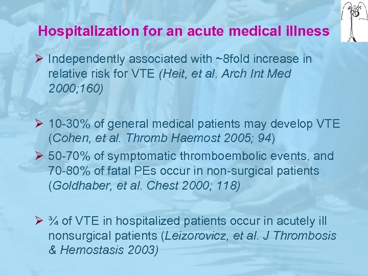 Hospitalization for an acute medical illness Ø Independently associated with ~8 fold increase in