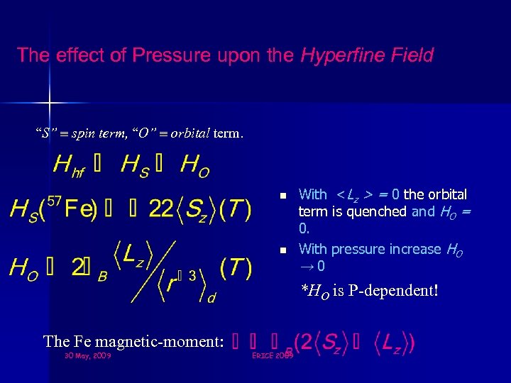 The effect of Pressure upon the Hyperfine Field “S” spin term, “O” orbital term.