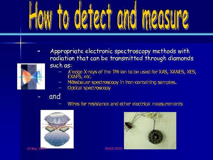 – Appropriate electronic spectroscopy methods with radiation that can be transmitted through diamonds such