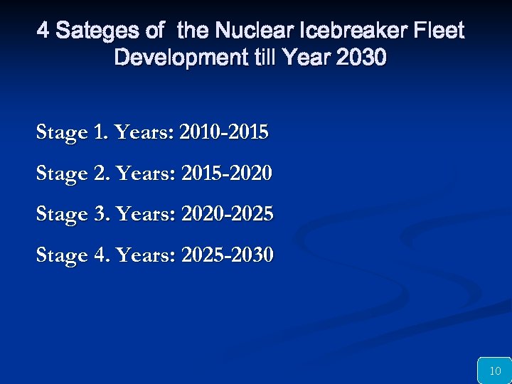 4 Sateges of the Nuclear Icebreaker Fleet Development till Year 2030 Stage 1. Years: