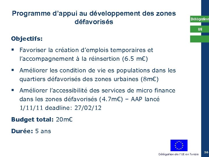 Programme d’appui au développement des zones défavorisés Délégation UE Objectifs: § Favoriser la création