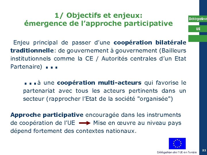 1/ Objectifs et enjeux: émergence de l’approche participative Délégation UE Enjeu principal de passer