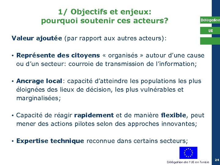 1/ Objectifs et enjeux: pourquoi soutenir ces acteurs? Délégation UE Valeur ajoutée (par rapport