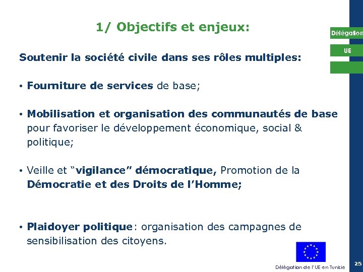 1/ Objectifs et enjeux: Délégation Soutenir la société civile dans ses rôles multiples: UE