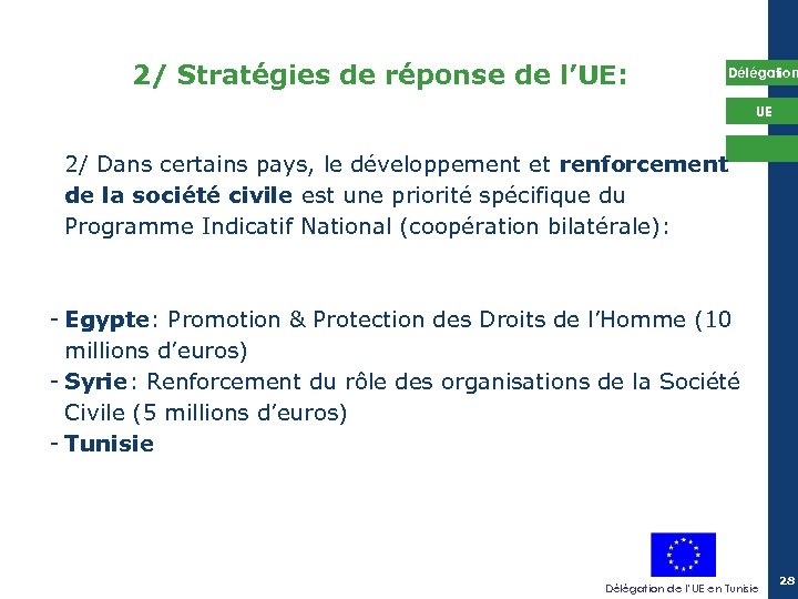 2/ Stratégies de réponse de l’UE: Délégation UE 2/ Dans certains pays, le développement