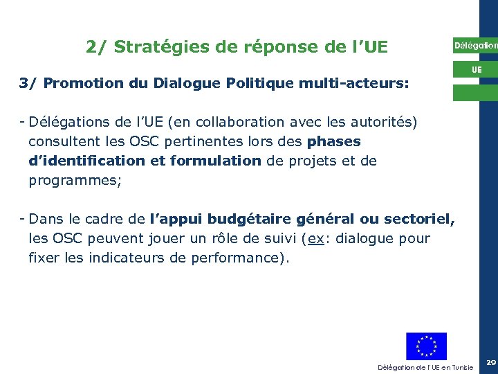 2/ Stratégies de réponse de l’UE Délégation 3/ Promotion du Dialogue Politique multi-acteurs: UE