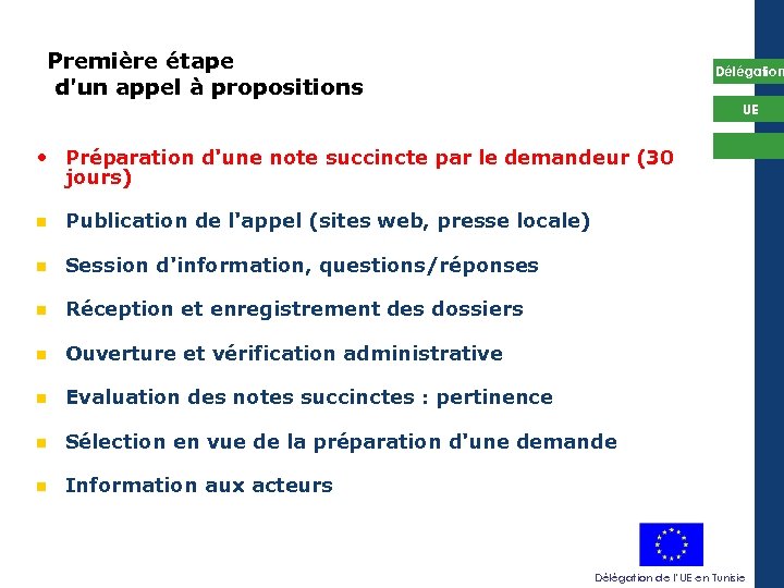 Première étape d'un appel à propositions Délégation UE • Préparation d'une note succincte par