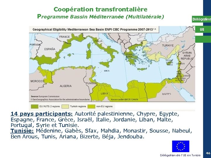 Coopération transfrontalière Programme Bassin Méditerranée (Multilatérale) Délégation UE 14 pays participants: Autorité palestinienne, Chypre,
