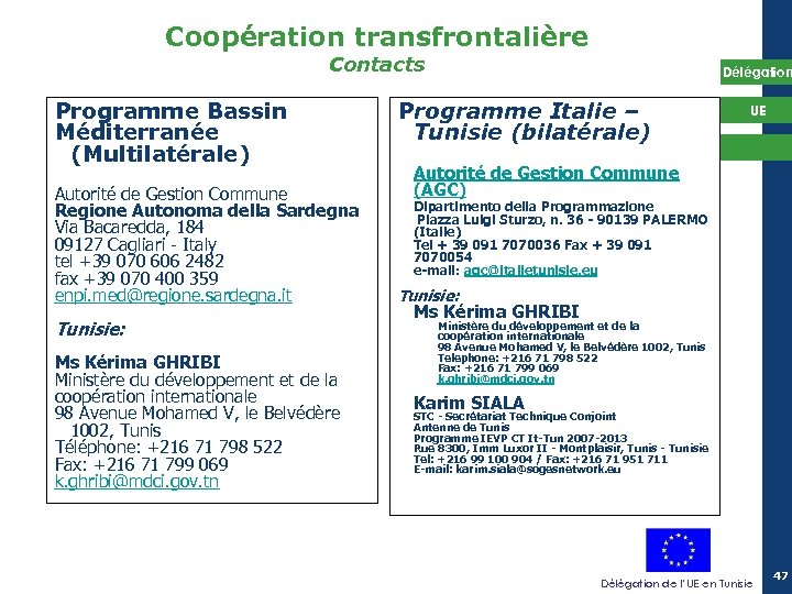 Coopération transfrontalière Contacts Programme Bassin Méditerranée (Multilatérale) Autorité de Gestion Commune Regione Autonoma della