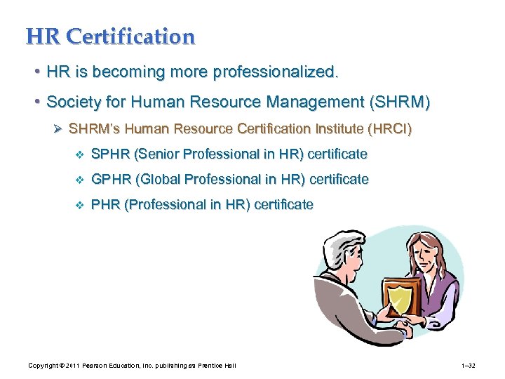 HR Certification • HR is becoming more professionalized. • Society for Human Resource Management