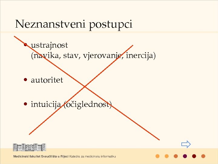 Neznanstveni postupci • ustrajnost (navika, stav, vjerovanje, inercija) • autoritet • intuicija (očiglednost) 