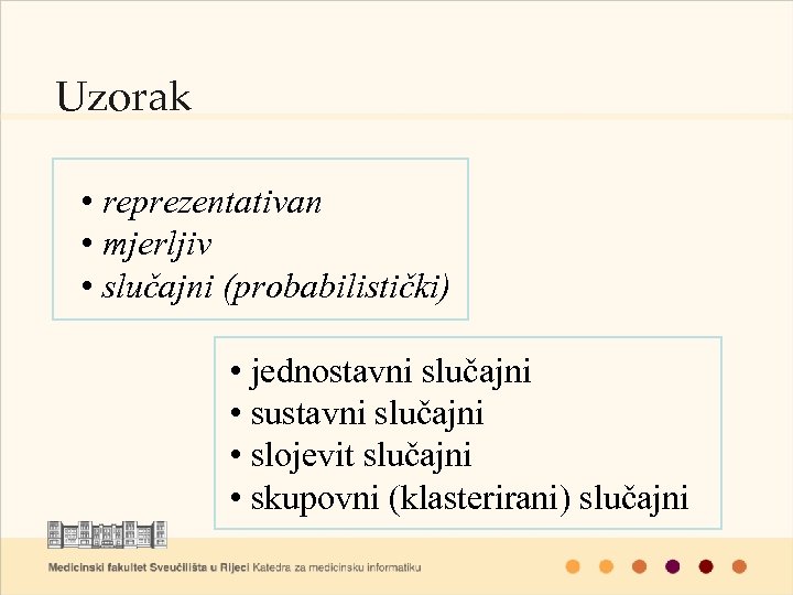 Uzorak • reprezentativan • mjerljiv • slučajni (probabilistički) • jednostavni slučajni • sustavni slučajni