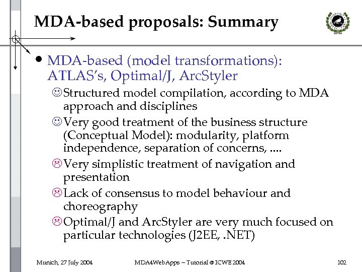 MDA-based proposals: Summary • MDA-based (model transformations): ATLAS’s, Optimal/J, Arc. Styler J Structured model
