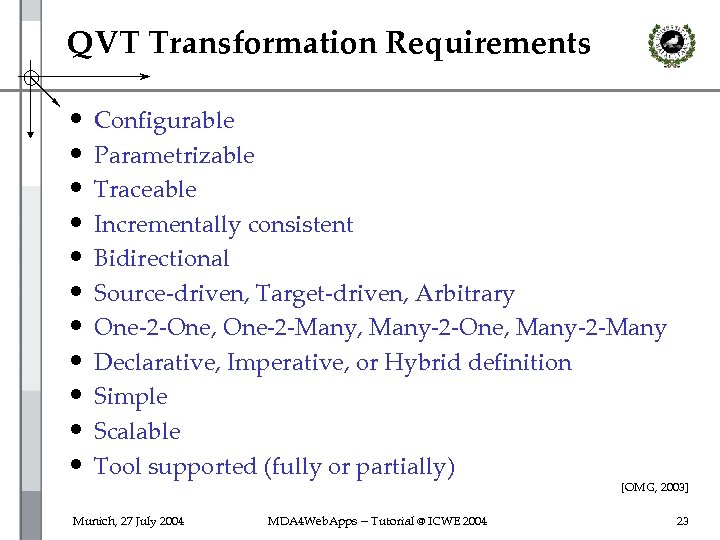 QVT Transformation Requirements • • • Configurable Parametrizable Traceable Incrementally consistent Bidirectional Source-driven, Target-driven,