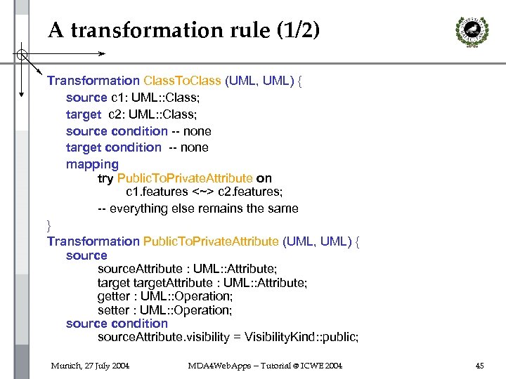A transformation rule (1/2) Transformation Class. To. Class (UML, UML) { source c 1: