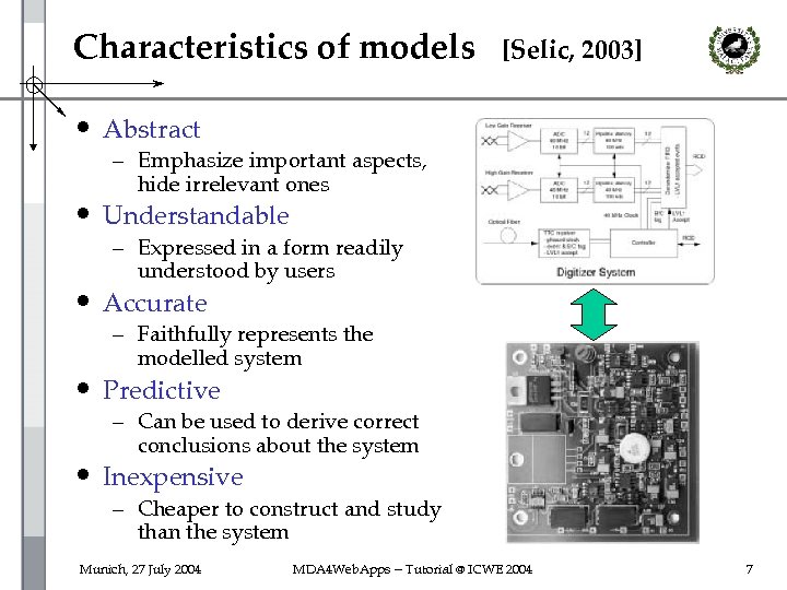 Characteristics of models [Selic, 2003] • Abstract – Emphasize important aspects, hide irrelevant ones