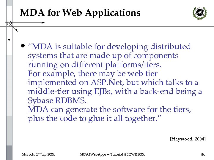 MDA for Web Applications • “MDA is suitable for developing distributed systems that are
