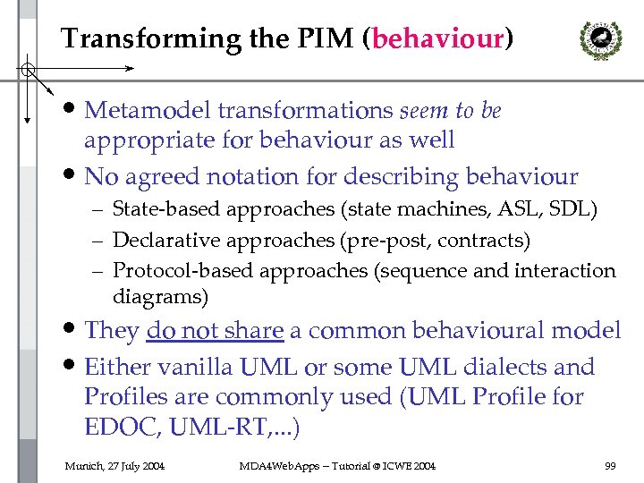 Transforming the PIM (behaviour) • Metamodel transformations seem to be appropriate for behaviour as