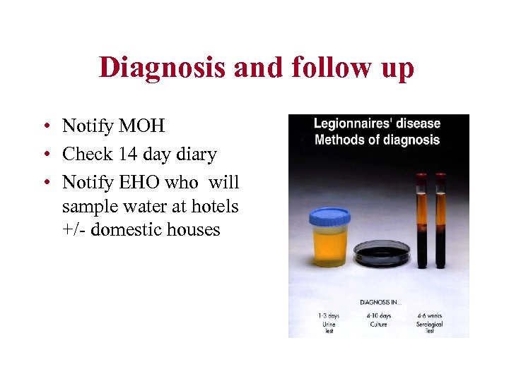 Diagnosis and follow up • Notify MOH • Check 14 day diary • Notify