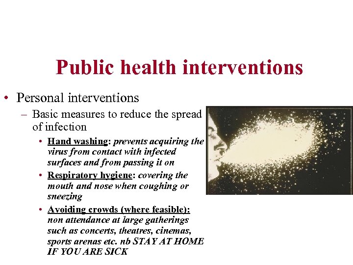 Public health interventions • Personal interventions – Basic measures to reduce the spread of