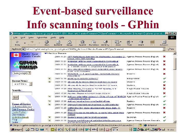Event-based surveillance Info scanning tools - GPhin 