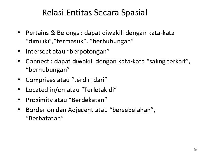 Relasi Entitas Secara Spasial • Pertains & Belongs : dapat diwakili dengan kata-kata “dimiliki”,