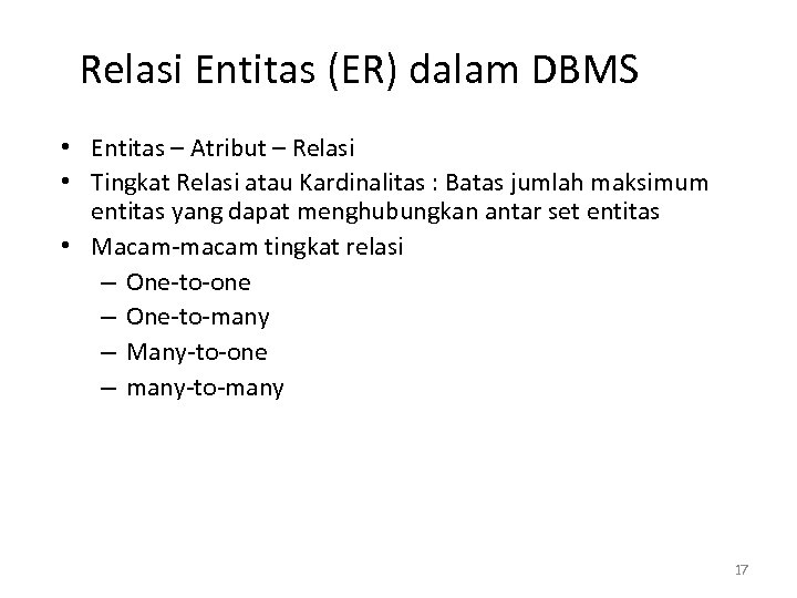 Relasi Entitas (ER) dalam DBMS • Entitas – Atribut – Relasi • Tingkat Relasi