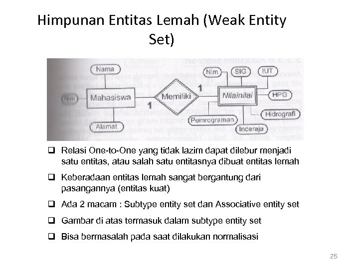 Himpunan Entitas Lemah (Weak Entity Set) q Relasi One-to-One yang tidak lazim dapat dilebur