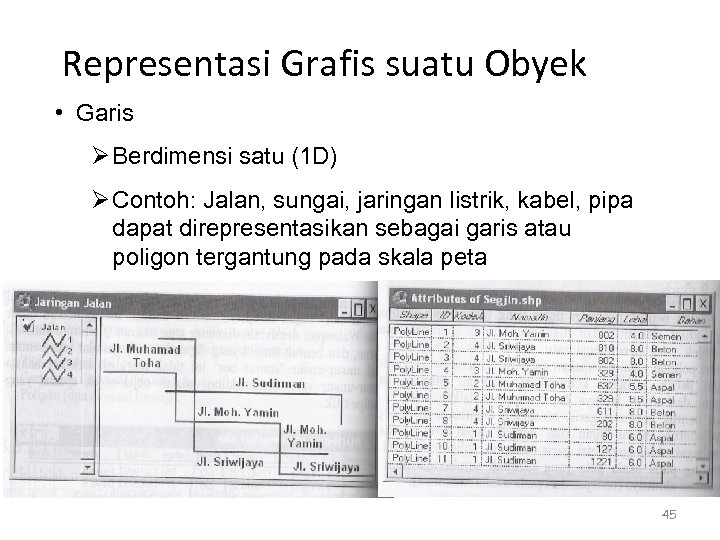 Representasi Grafis suatu Obyek • Garis Ø Berdimensi satu (1 D) Ø Contoh: Jalan,