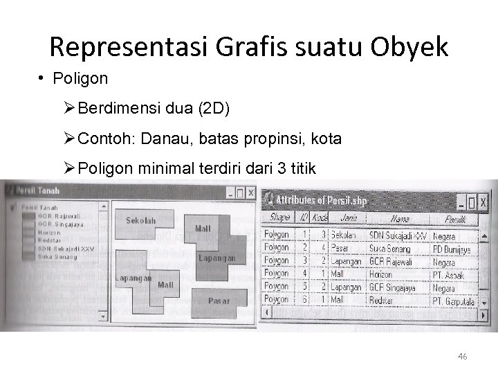 Representasi Grafis suatu Obyek • Poligon Ø Berdimensi dua (2 D) Ø Contoh: Danau,