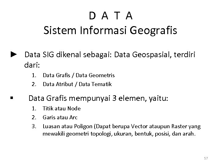 D A T A Sistem Informasi Geografis ► Data SIG dikenal sebagai: Data Geospasial,