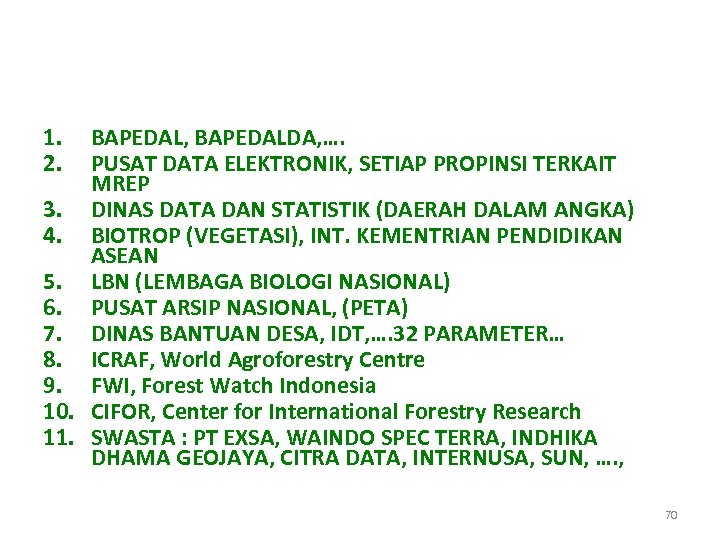 1. 2. BAPEDAL, BAPEDALDA, …. PUSAT DATA ELEKTRONIK, SETIAP PROPINSI TERKAIT MREP 3. DINAS