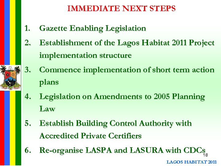 IMMEDIATE NEXT STEPS 1. Gazette Enabling Legislation 2. Establishment of the Lagos Habitat 2011