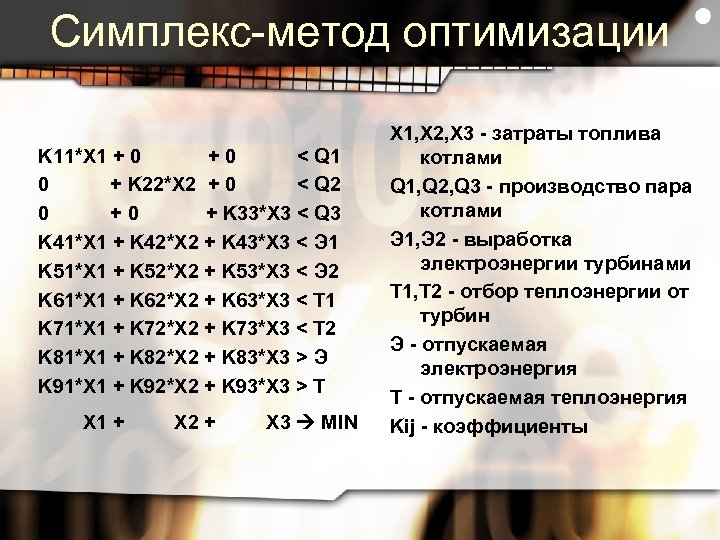 Симплекс-метод оптимизации K 11*X 1 + 0 +0 < Q 1 0 + K
