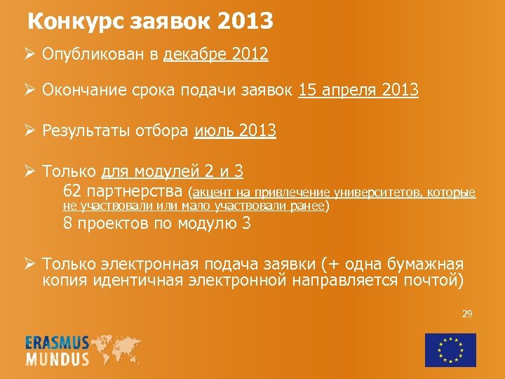 Конкурс заявок 2013 Ø Опубликован в декабре 2012 Ø Окончание срока подачи заявок 15