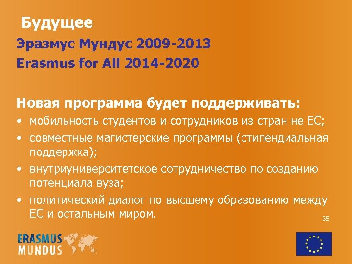 Будущее Эразмус Мундус 2009 -2013 Erasmus for All 2014 -2020 Новая программа будет поддерживать: