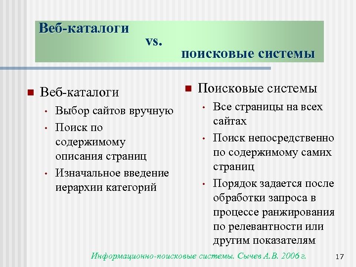 Веб-каталоги n vs. Веб-каталоги • • • Выбор сайтов вручную Поиск по содержимому описания