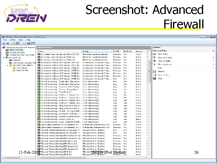 Screenshot: Advanced Firewall 13 -Feb-2007 DREN IPv 6 Update 26 