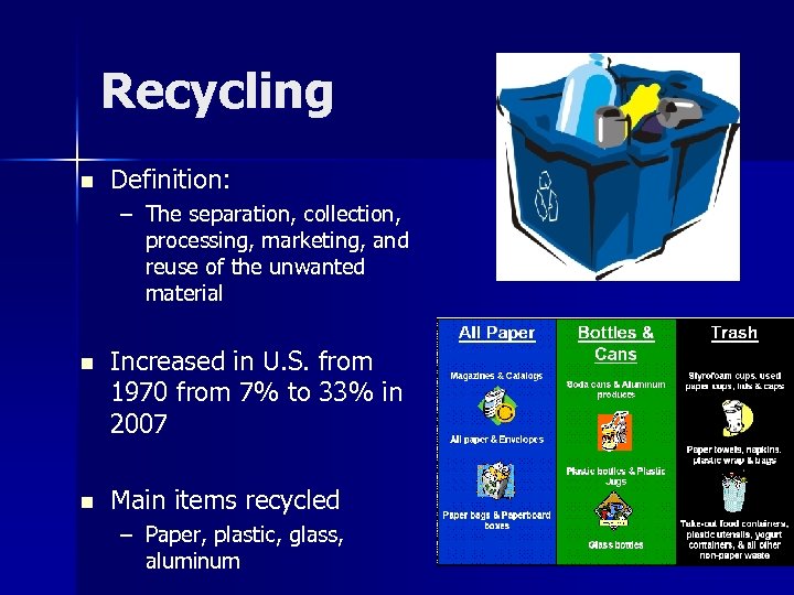 Recycling n Definition: – The separation, collection, processing, marketing, and reuse of the unwanted