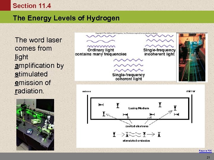 Section 11. 4 The Energy Levels of Hydrogen The word laser comes from light