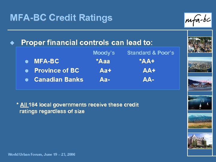 MFA-BC Credit Ratings ¿ Proper financial controls can lead to: Moody’s Ã Ã Ã