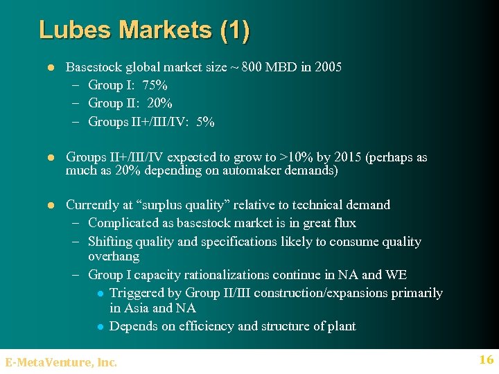 Lubes Markets (1) l Basestock global market size ~ 800 MBD in 2005 –