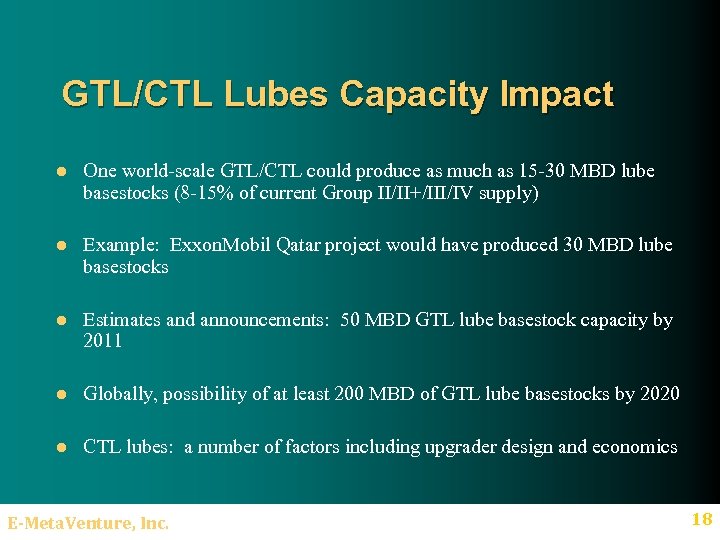 GTL/CTL Lubes Capacity Impact l One world-scale GTL/CTL could produce as much as 15