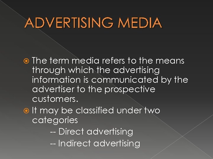 ADVERTISING MEDIA The term media refers to the means through which the advertising information