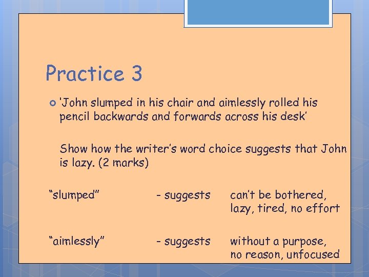 Practice 3 ‘John slumped in his chair and aimlessly rolled his pencil backwards and